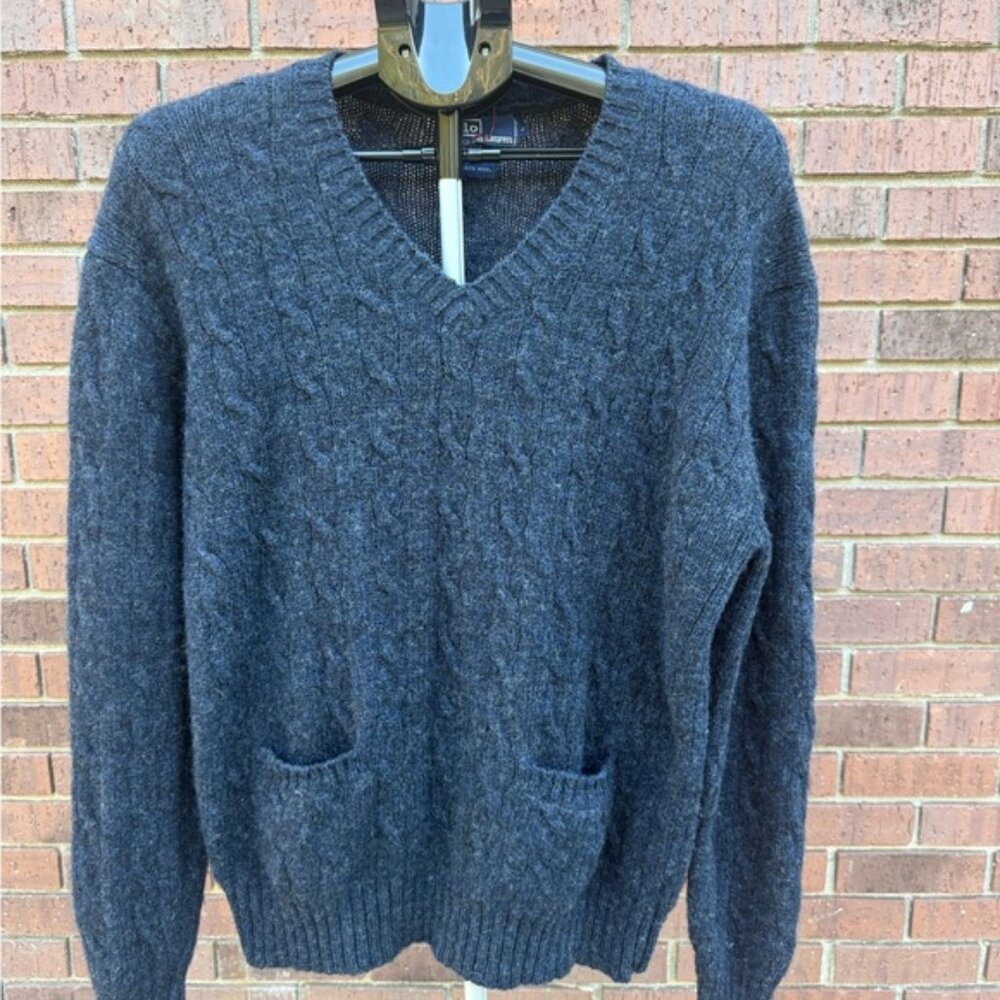 VTG Polo Ralph Lauren Wool Sweater Navy V-Neck Pockets Unisex Size Large Vintage